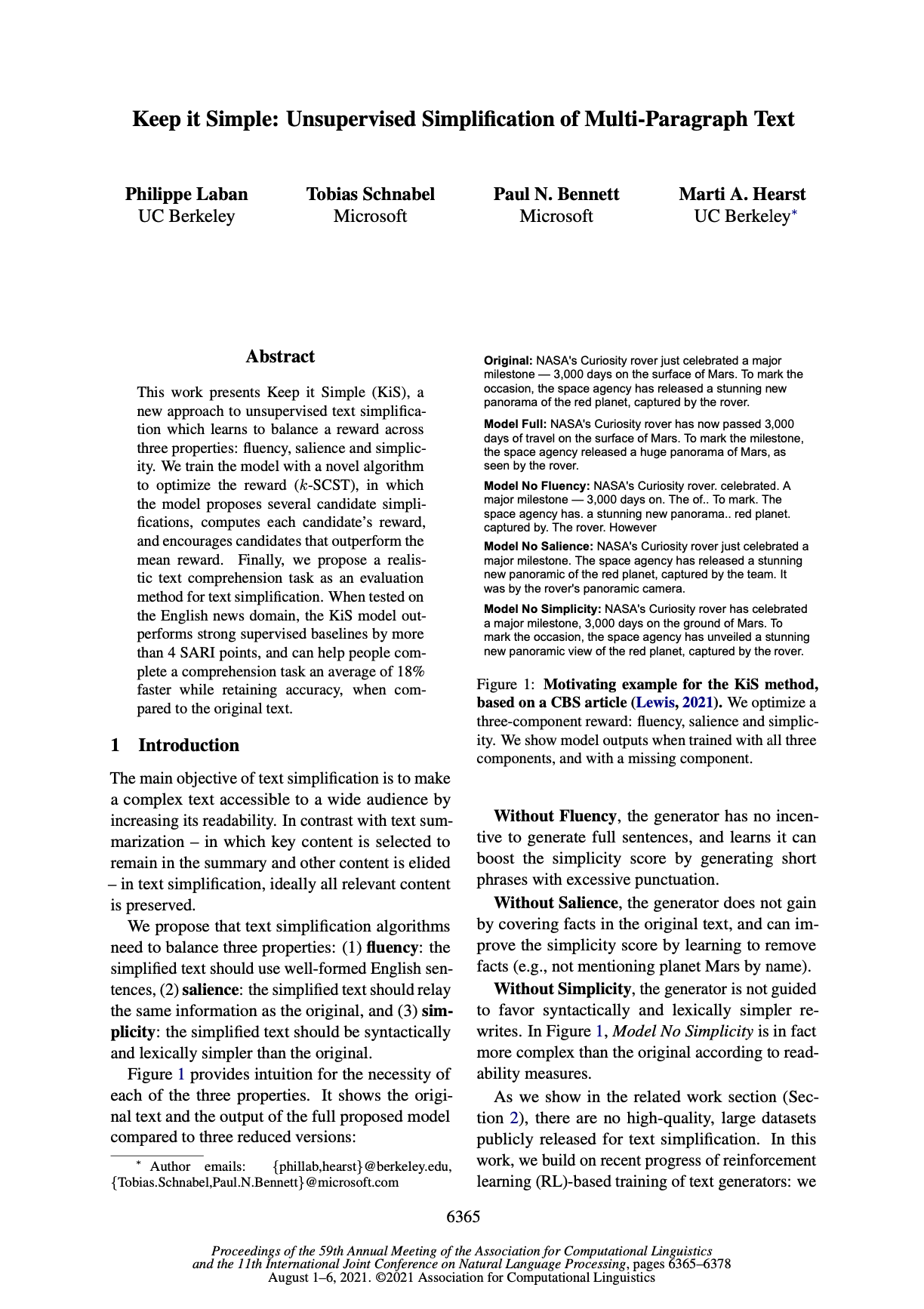 Keep It Simple: Unsupervised Simplification of Multi-Paragraph Text